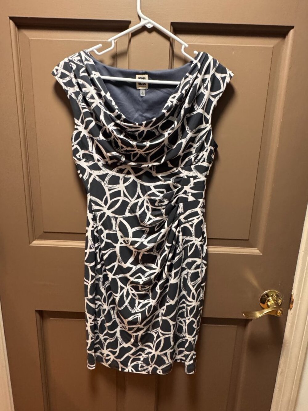 Anne Klein Navy White Abstract Cowl Neck Dress Size 2